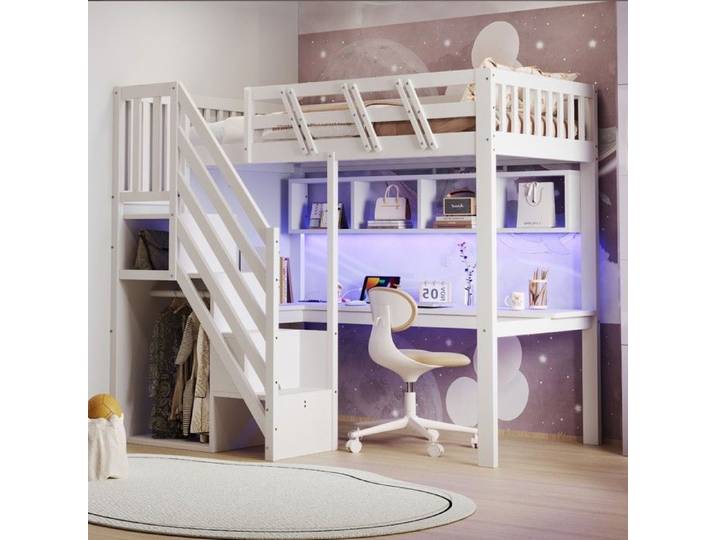 CollaHausse Lit Mezzanine Bois 90x200cm Bureau Armoire LED USB Blanc