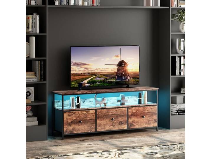 Meuble TV Bas avec Éclairage LED Meuble de Télévision avec 3 tiroirs et 2 étagères pour Salon Chambre 108×30×57cm