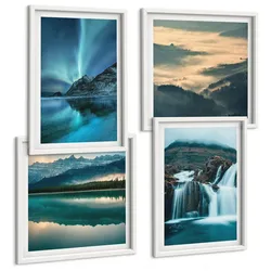 BILDER SET 4er Set - 50x50 cm & 40x60 cm Weißer Rahmen - Winterlandschaften, Wasserfälle, Nordlichter
