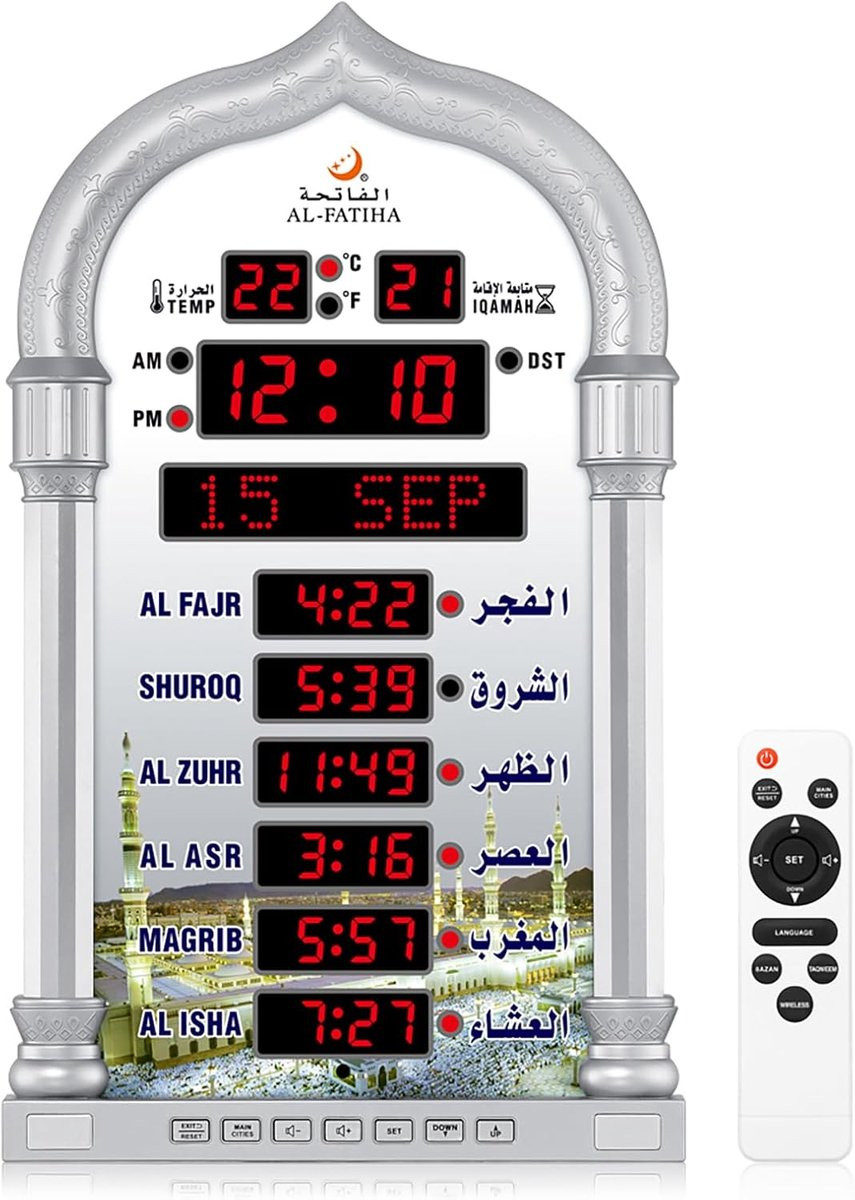 Digitale Azan Horloge met Wereldwijde Gebedstijden - Zilver