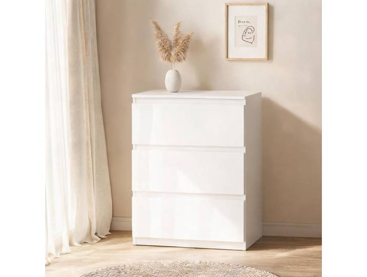 Commode moderne 3 tiroirs sans poignée finition blanche en bois 75 cm de hauteur
