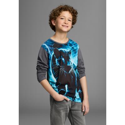 Langarmshirt KIDSWORLD "PANTHER, Fotoprint", Jungen, Gr. 176/182, grau (anthrazit), Single Jersey, Obermaterial: 100% Baumwolle. Vorderteil: 100% Polyester, bedruckt, Basic hüftlang, Rundhals, Shirts Langarmshirt, Shirt mit Fotodruck, Gecko