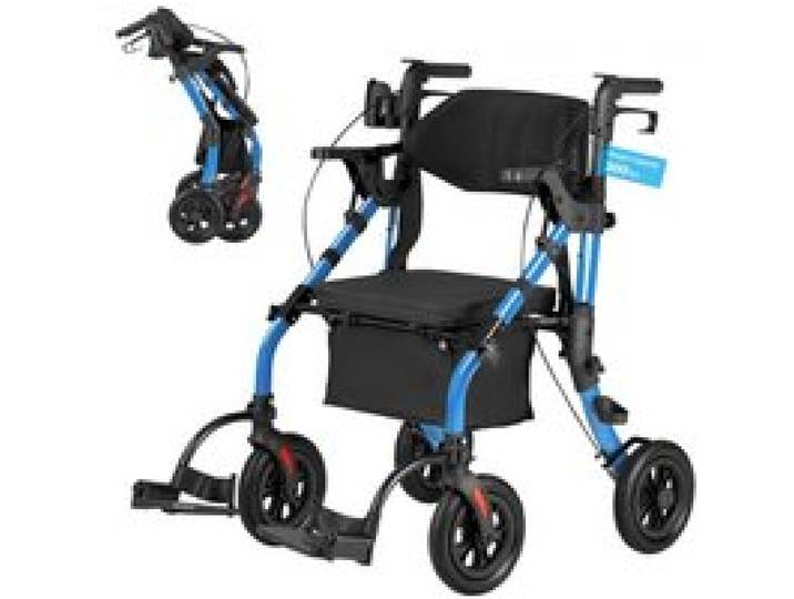 VEVOR 2-in-1 Rollator Faltbar mit Sitz, Leichter Gehwagen mit Reifen, Gehhilfe bis 136 kg mit Rückenlehne Tasche Gehstockhalter, Höhenverstellbare Laufhilfe mit Feststellfunktion für Senioren, Blau