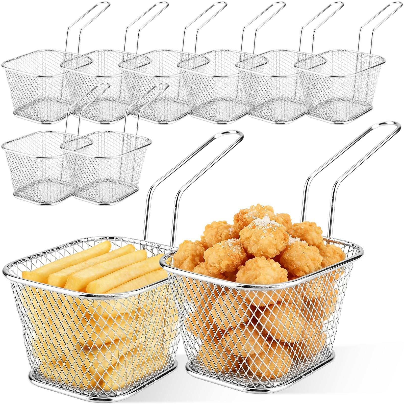 Dripio Set van 10 kleine ijzeren friteerbakjes met handvat, zilverkleurig