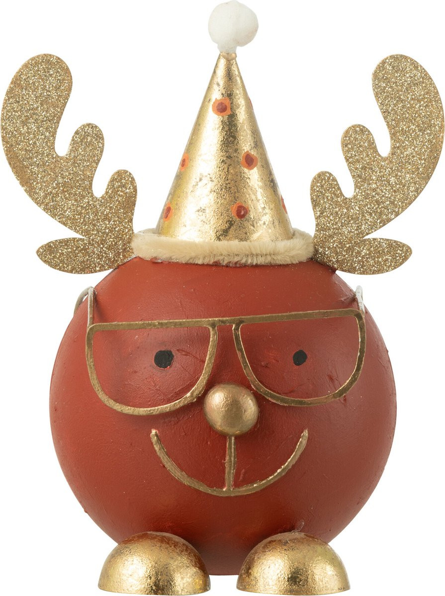 J-Line Kerstfiguur Rendier met Ronde Bril - Metaal - Roest/Goud - Large