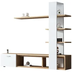 TV-Wandschrank 180x33x151, 3 Ablageflächen, 1 Tür, Kippschutz, für Fernseher bis 60 Zoll, Holzoptik und Weiß, Aufbewahrung für Wohnzimmer