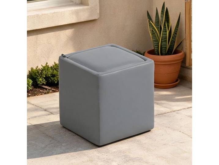 Pouf cube de rangement 40x40 cm en simili cuir gris froid ouverture réversible en table d'appoint mousse confortable