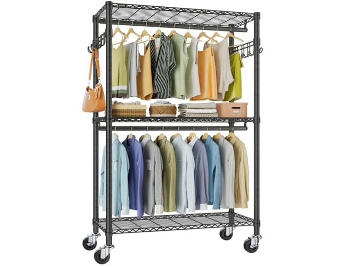 VIPEK R2 Plus Stahl-Kleiderständer auf Rollen, Doppelstange & Böden, 295 kg Mobiler Kleiderständer auf Rollen, Doppelstange, CE. 114x4 x204 cm. Für Schlafzimmer, Waschküchen, begehbare Kleiderschränke.
