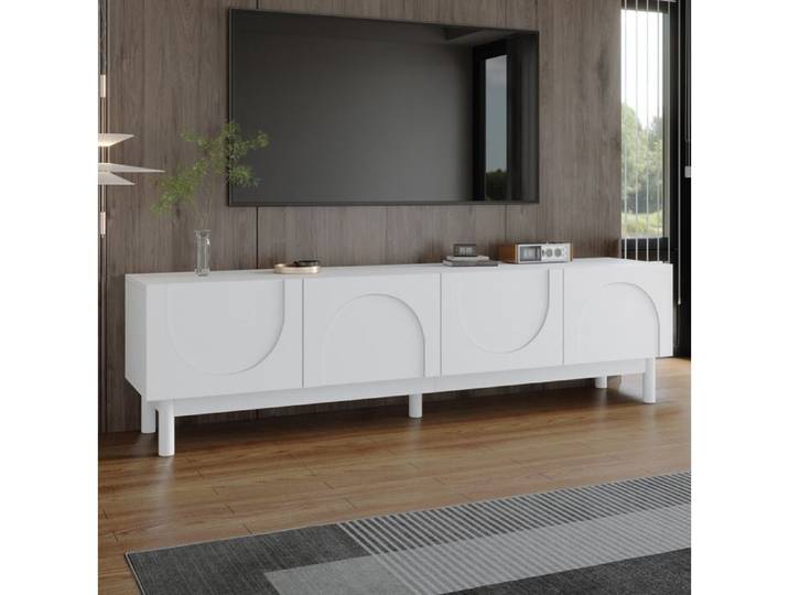 Meuble TV bas 169 cm blanc 4 portes sans poignées avec étagères sur pieds design moderne