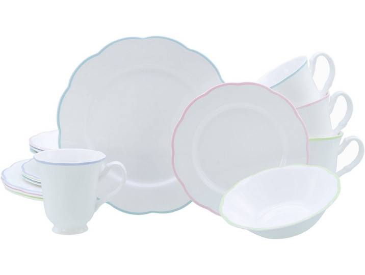 creaTable Kombiservice Florine Bunt, Service 16-tlg. (16-tlg), 4 Personen, Steingut, Elegant, Klassische Form, Zart gewellte Ränder