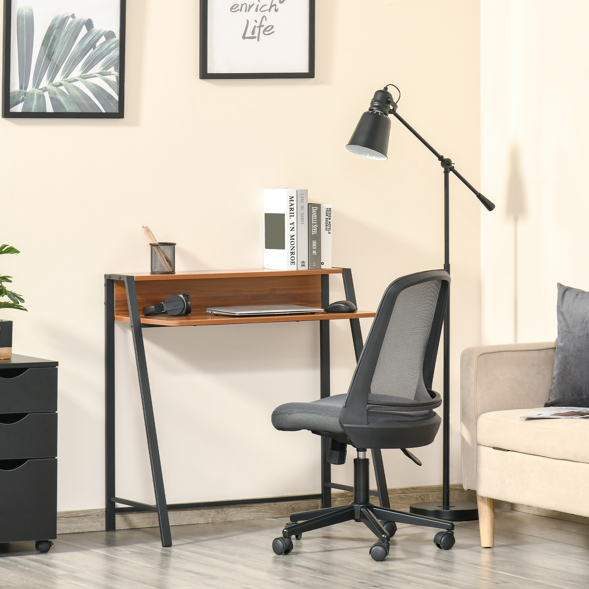 Homcom Scrivania Tavolo per Computer PC da Ufficio Studio con Ripiano Portaoggetti in Legno Truciolato Noce noce 84x45x85cm