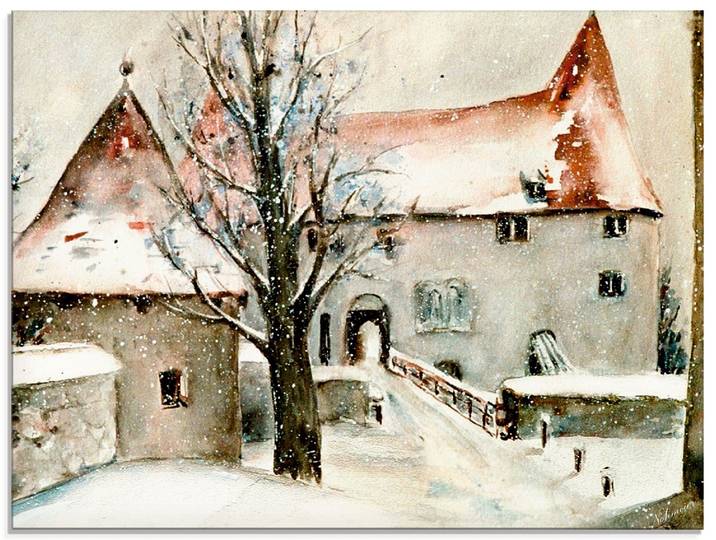 Glasbild ARTLAND Winter auf der Burg , grau (farbe bild(er): grau), B:60cm H:45cm, Bilder, Glasbild, in verschiedenen Grössen