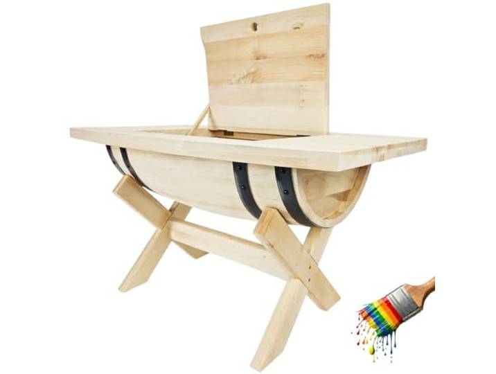 kadamahu Couchtisch aus halbem Fass DIY, Stauraum, Erlenholz roh Zur Personalisierung; ebene Platte ohne hervorstehende Scharniere, max. Belastung 30 kg, komplett montiert