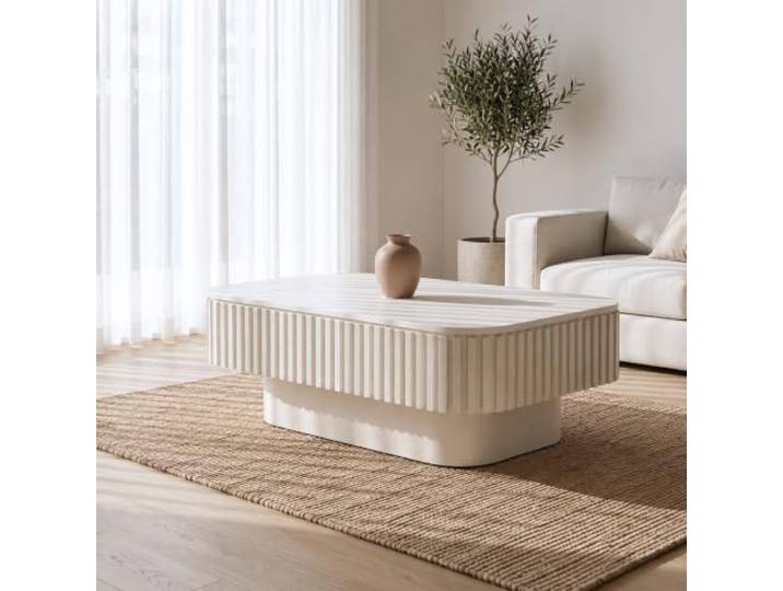 98 cm Moderner Rechteckiger Couchtisch mit Stauraum, Holzoptik,Creme Moderner rechteckiger Sofatisch mit Fluted Design und abnehmbarem Deckel, Beistelltisch & Kaffeetisch mit verstecktem