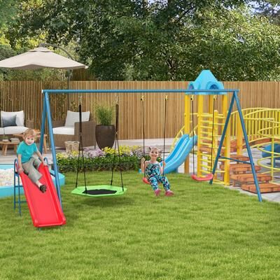 Homcom Outsunny 3-in-1 Swing Set, Heavy Duty A-Frame, Kids Swings, Saucer Swing & Slide, 352 lbs, Backyard
