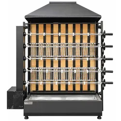 Professioneller Holz-Hähnchengrill mit 5 Spießen für 25 Hähnchen Worldmai für Gastronomie. Gewerblicher Hähnchen-Drehspießgrill für Bar u. Restaurant.