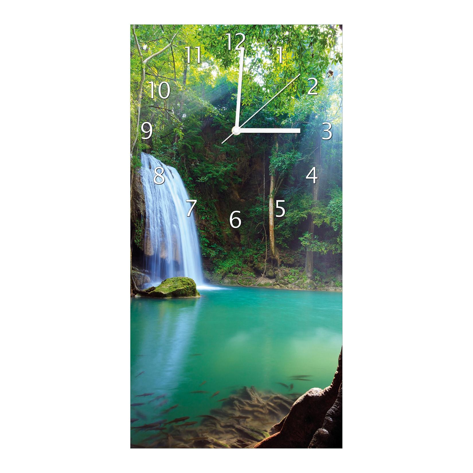 Wallario Uhr 30 x 60 cm, weiße Zeiger Wasserfall im Wald am See Idylle in Thailand