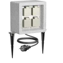 ledscom.de Garten-Steckdose POCK mit Erdspieß Stein-Optik für außen, 4-Fach, Kunstharz, quadratisch, 20cm