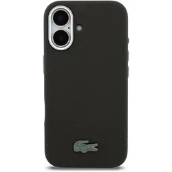 Lacoste PVC Iconic Petit Pique Metal Logo MagSafe Rückseite für iPhone 16 Schwarz (Apple iPhone 16), Smartphone Hülle, Schwarz
