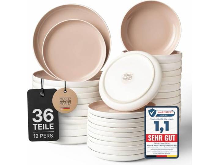 Moritz & Moritz Steingut Geschirrset 12 Personen 36-tlg. - Modernes Tafelservice in der Farbe Almond - Pflegeleichtes Kombiservice mit Teller Set & Schüsseln - Geschirr der Serie Cavo