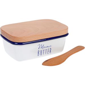 Gräwe Butterdose aus Holz / Emaille, rechteckig, 15 x 10 x 6,5 cm, braun / weiß