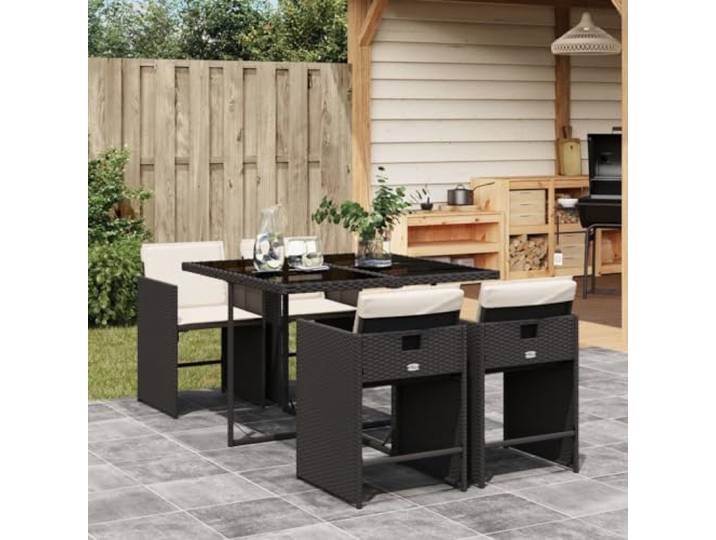 HEFZGDB 5-TLG. Garten-Essgruppe mit Kissen Schwarz Poly Rattan, Klappstühle mit waschbaren Bezügen und Hartglas-Tischplatte für Terrasse, Langlebige Outdoor-Möbel mit platzsparender