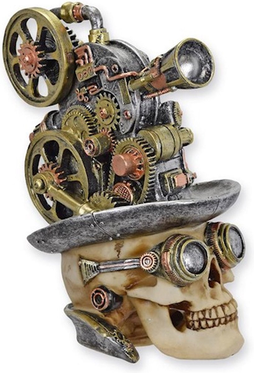 Steampunk projector schedel decoratie hoofd met camera SP161322 van polyresin