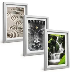 BILDER SET 3er Set - 20x30 cm Silberner Rahmen - Der Frieden der Steine des Buda Zen-Wasserfalls