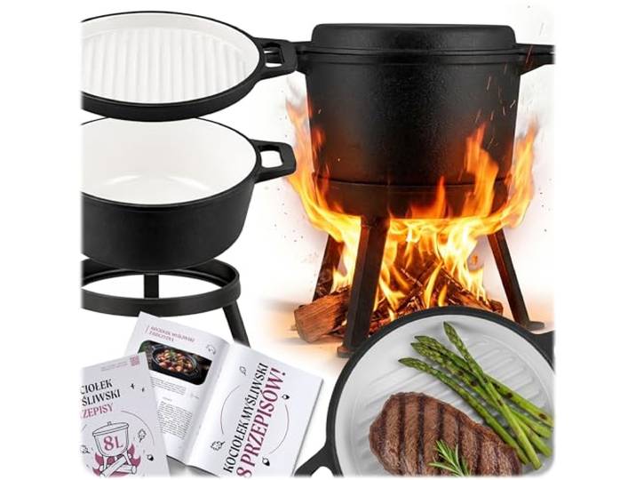 Berdsen Gusseisen Topf 8 L Dutch Oven - Emailierter Feuertopf für Lagerfeuer und Grill - 2-in-1 Deckel als Pfanne nutzbar - mit 3 Beinen und Aufhängebügel - inkl. Rezeptbuch - Schwarz