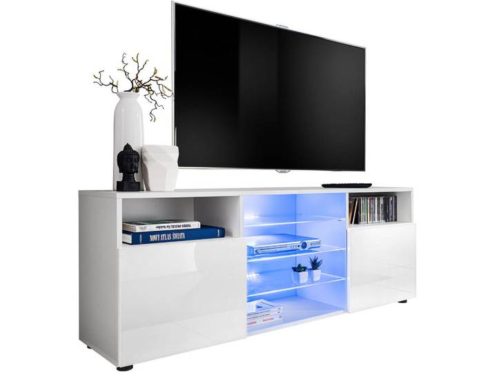 Komodee Sideboard TV Urbino Weiß, Blau LED Beleuchtung, Weiß, Weiß, 5 Fächer, Rechteckig, 140x53x35 cm, Wohnzimmer, TV Möbel, Lowboards, Lowboards stehend