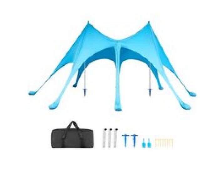 VEVOR Tente de Plage de 6,1x4x2,8 m, Abri Soleil UPF50+, Pare-soleil Extérieur pour Plage Parc Camping et Pêche, Auvent Protection UV avec Sacs de Sable, Poteaux de Soutien et Pelles à Sable, Bleu