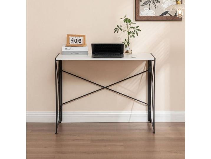 Bureau droit pliable 99×50×75 cm montage rapide - HAVRYA - MDF et métal blanc pour bureau salon et chambre