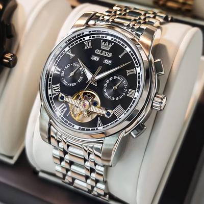 Inspired Finds OLEVS Automatic Mechanical Men's Watch Waterproof Stainless Steel Skeleton Business Wristwatch silver Black Face