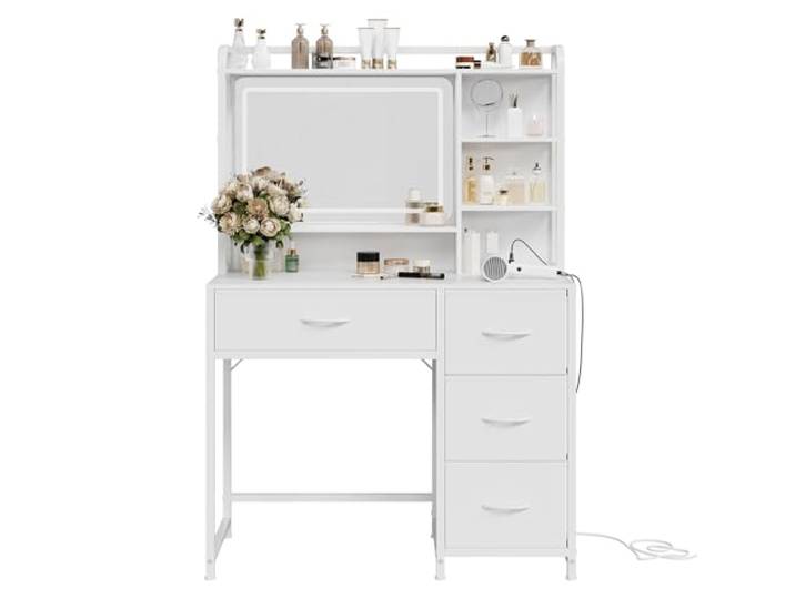 Garvee Schminktisch Beleuchteter Spiegel 4 Stoffschubladen Weiß 90x40x130cm Spanplatte, Melaminbeschichtung, quadratischer Spiegel, Frisiertisch, Kosmetiktisch, Stauraum, Schmuck, Schlafzimmer, Make-up