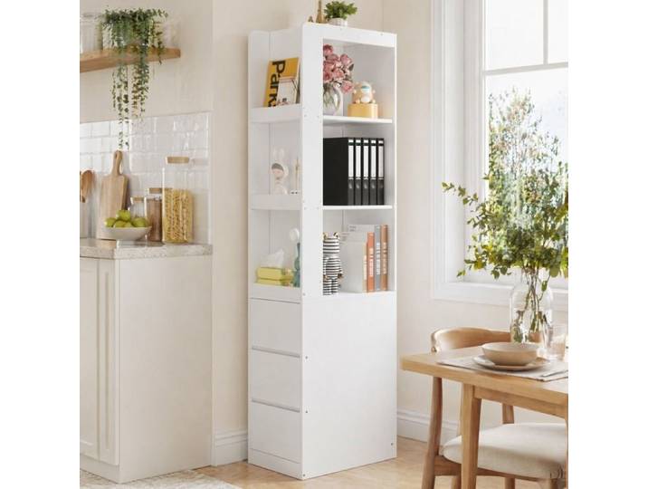 Bibliothèque haute étroite 3 étagères 3 tiroirs anti-basculement pour bureau blanc 60×40×200 cm - UVRION