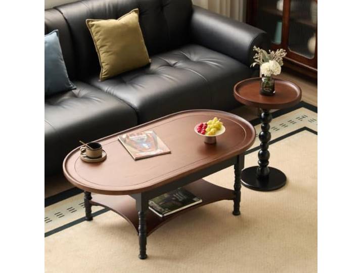 HLDJYLZS Ovaler Couchtisch aus Massivholz, Französischer Vintage-Stil Massivholz-Konstruktion, ovale Form, französischer Landhausstil, Mid-Century-Design, niedriger Couchtisch, kleine Räume