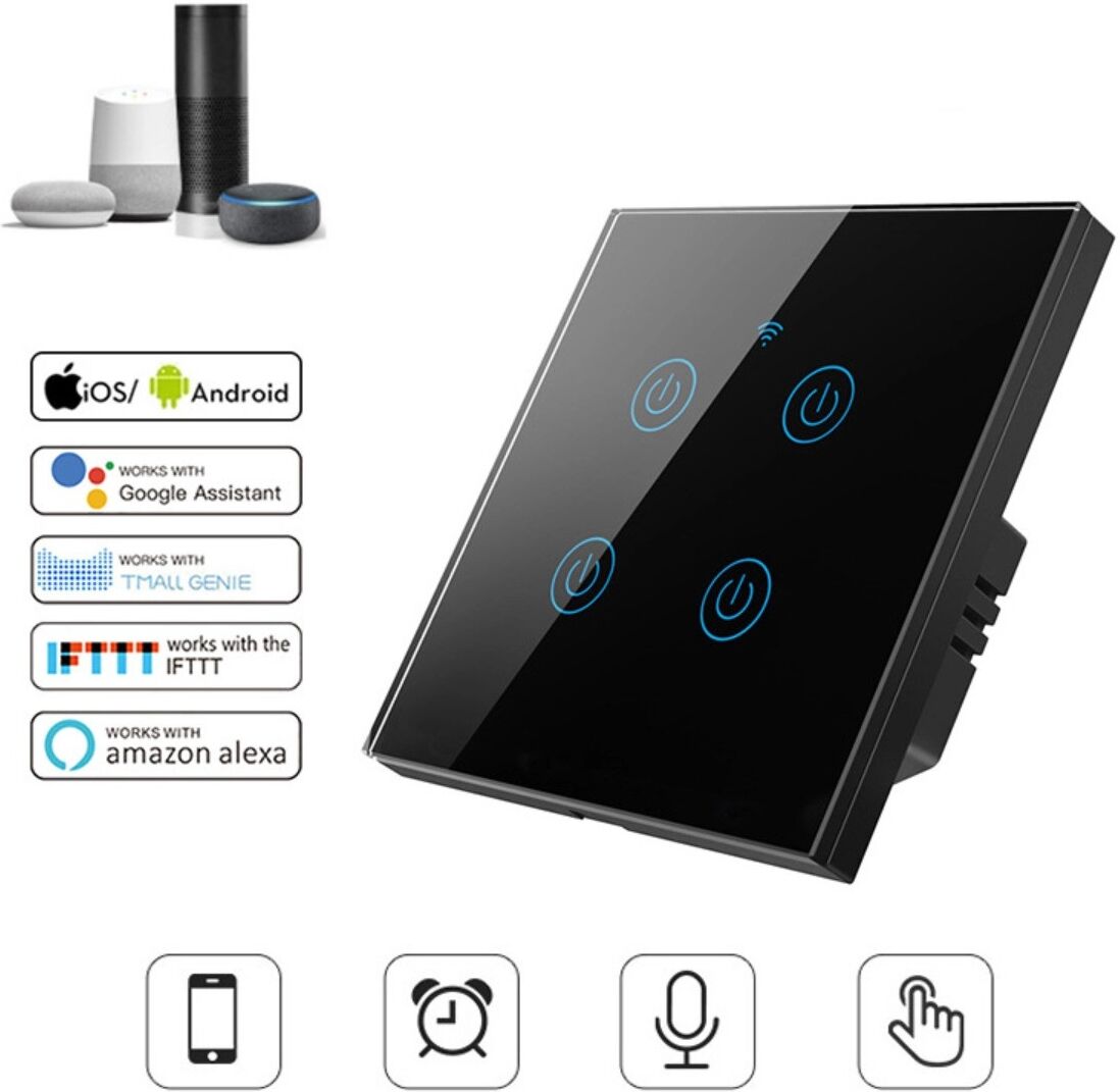 INF Interrupteur mural tactile WiFi 4 canaux - Verre trempé, minuterie, commande tactile et à distance, protection contre les