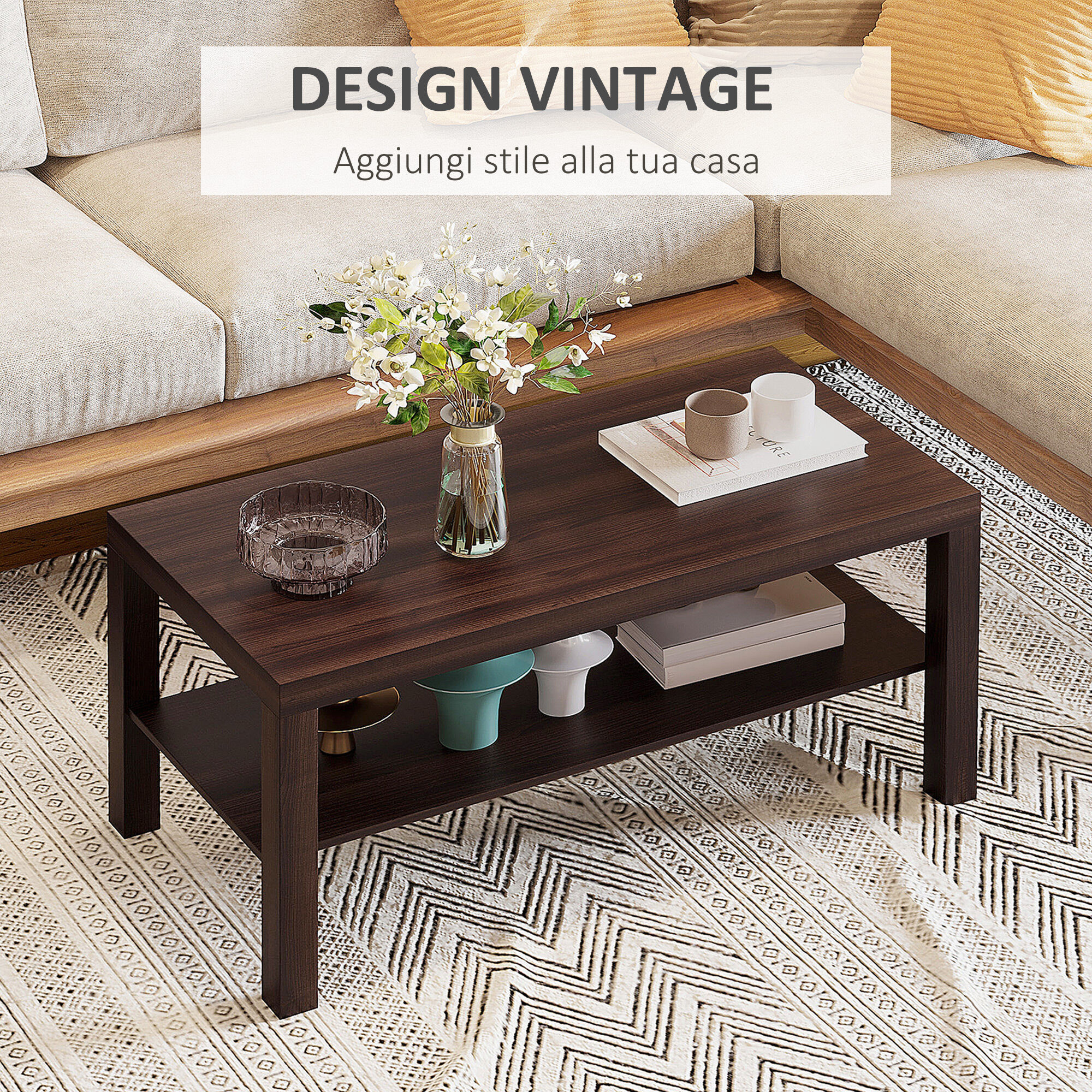 Altro Tavolino Da Salotto Rettangolare Classico Con Ripiano Portaoggetti In Legno 90×45×44.5cm