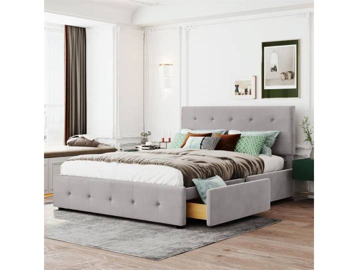 Lit Double - DRIPEX - 140 x 200 cm - Avec Tiroirs - En Velours - Gris