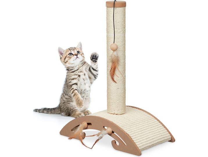 Relaxdays Kratzsäule für Katzen, HBT: 52 x 42 x 22 cm, Kratzstamm mit Spielzeug, Wohnung, Sisalstamm & Kratzbrett, braun