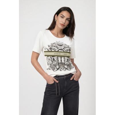 T-Shirt MONARI "Shirt Druck + Schmuck", Damen, Gr. 40, weiß (off, weiß), Web, Obermaterial: 94% Baumwolle, 6% Elasthan, unifarben, regular fit taillenbedeckt, Rundhals, eingesetzt abgesteppte Kante, Shirts T-Shirt, Regular fit mit Strassdetails
