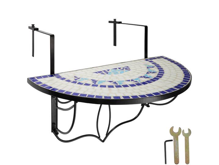 Balkontisch zum Einhängen mit Mosaikmuster klappbar 75x65x62cm - weiss/blau