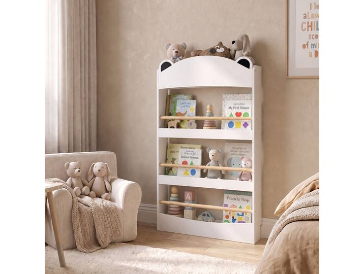 AIYAPLAY Bibliothèque Ours Bois 4 Étagères Enfant 50x15x97cm Blanc