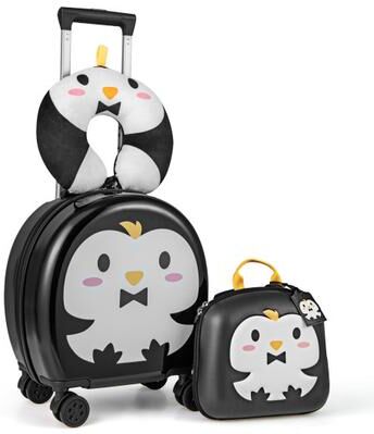Costway Kids Luggage Set with 14 Inches Carry-on Hardside Spinner Toddler Luggage and 10 Inches Backpack-Black