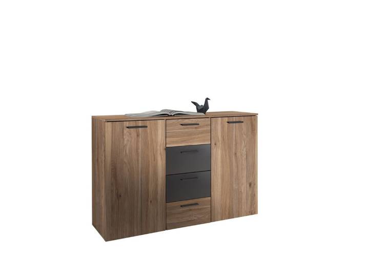 PREISBRECHER Sideboard Aschau, 2 Türen, 4 Schübe, Mauvella Eiche Dekor/ Graphit - 140x89x38cm (BxHxT)