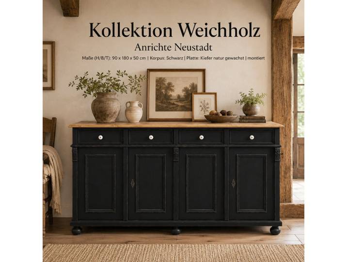 Wohnpalast Sideboard Landhaus Anrichte Neustadt aus Weichholz 180 cm Sideboard schwarz