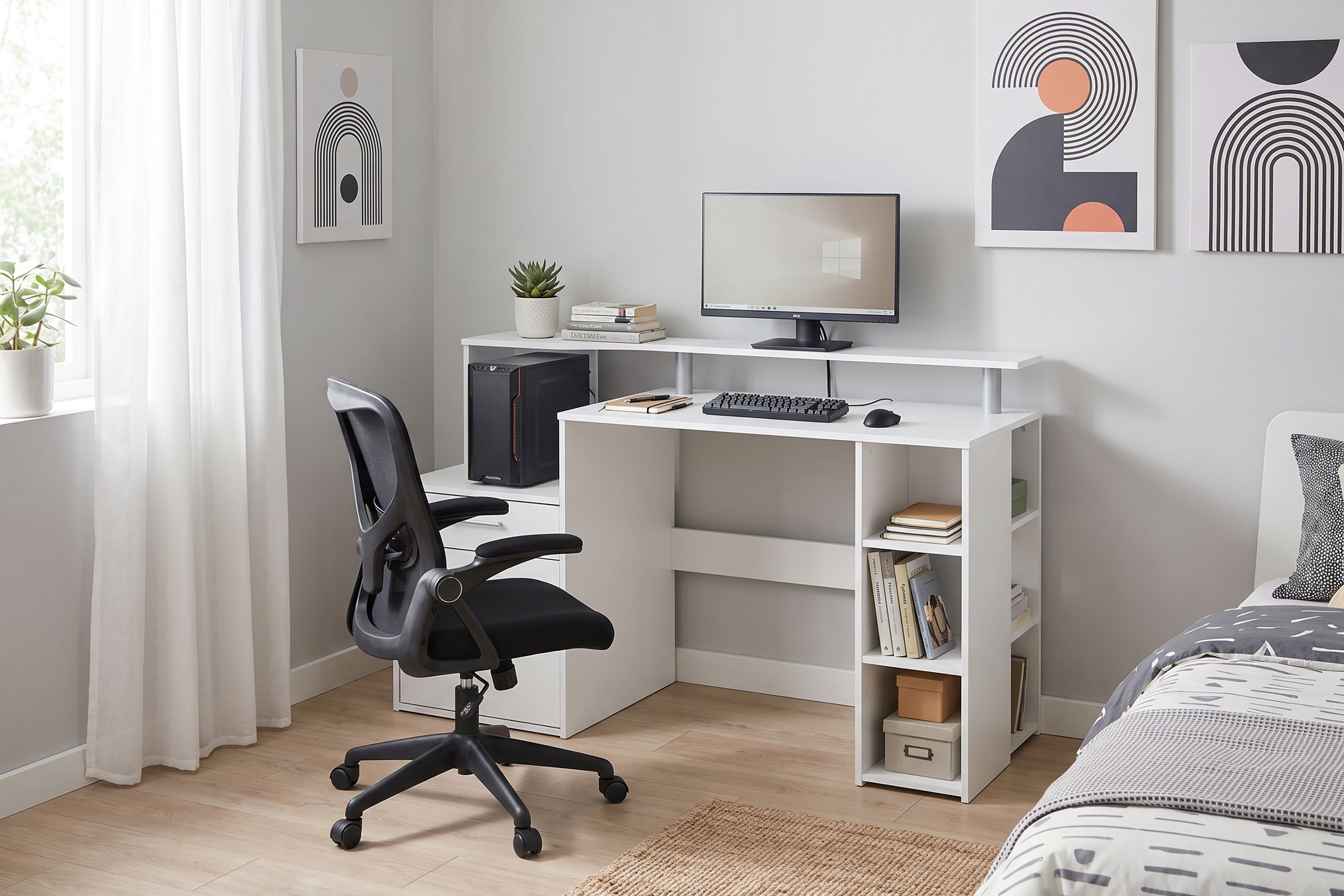 Schreibtisch GOODPRODUCT "Luton", weiss (weiß, weiß, weiß), B:140cm H:89cm T:55cm, Tische, Schreibtisch, Breite 140 cm, Regal-Schreibtisch mit viel Stauraum weiß, weiß, weiß B/H/T: 90cm x 89cm x 55cm