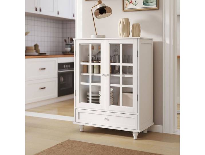 MEUBLIV Buffet haut blanc 71 x 38 x 93 cm 2 portes vitrées tiroir et étagère réglable