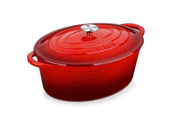 LuxusKollektion Bräter Gusseisen Bräter mit Deckel 34cm Oval 7L Emaille Topf Brotbackform Rot