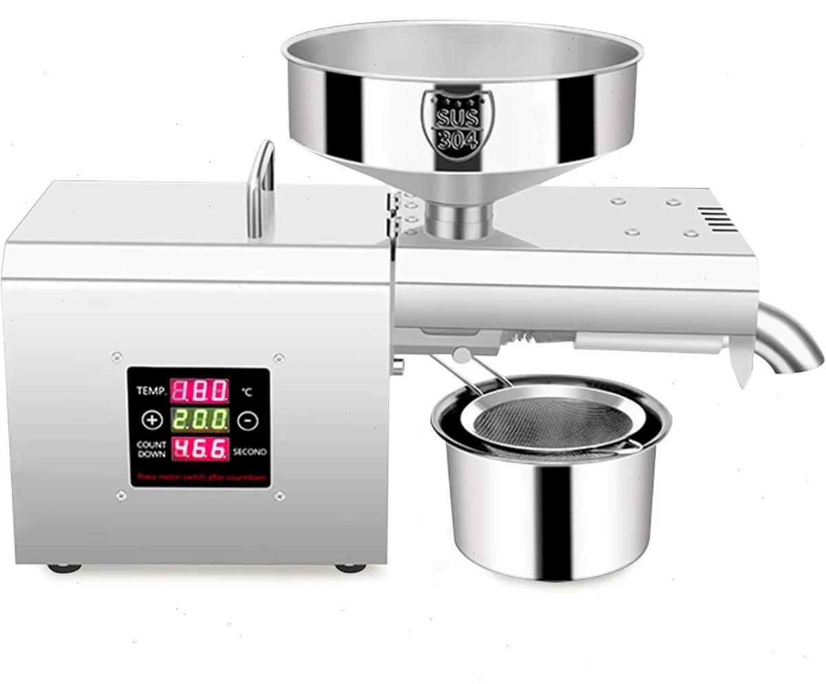 Elektrische Ölpresse - Ölpressmaschine - Edelstahl - Automatische Temperaturregelung 40-240 °C - Lange Pressschnecke - 3-5 kg/h - Silber